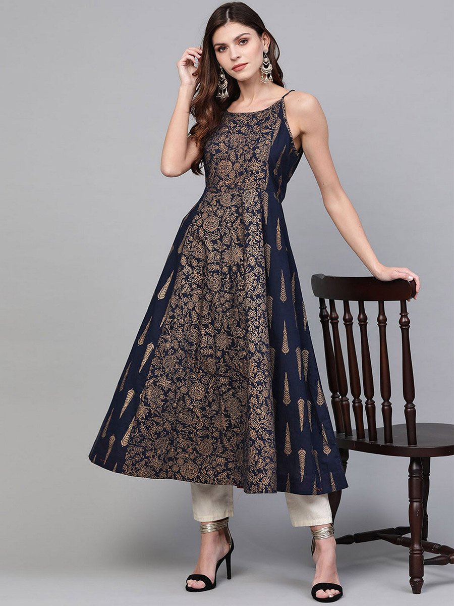 Navy Blue Printed Strappy Kurta