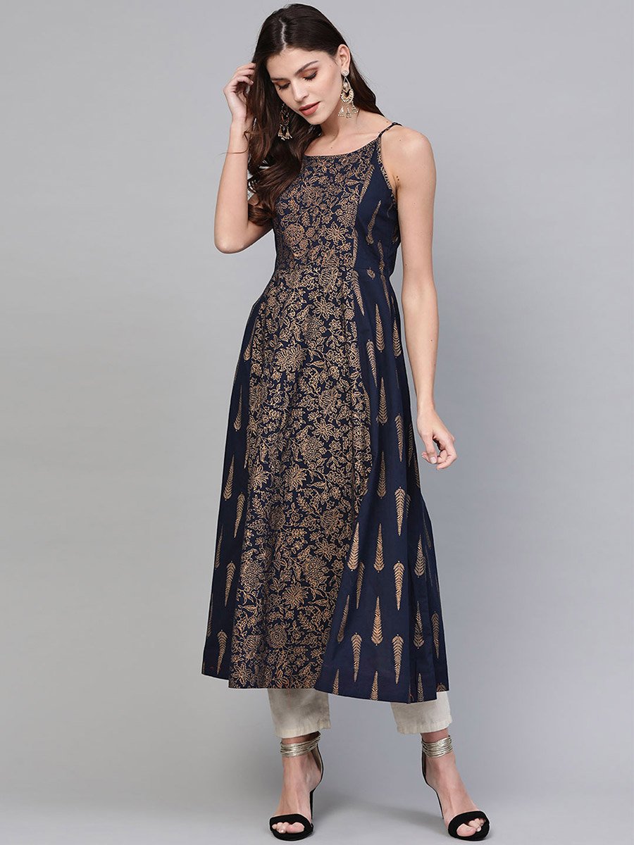 Navy Blue Printed Strappy Kurta