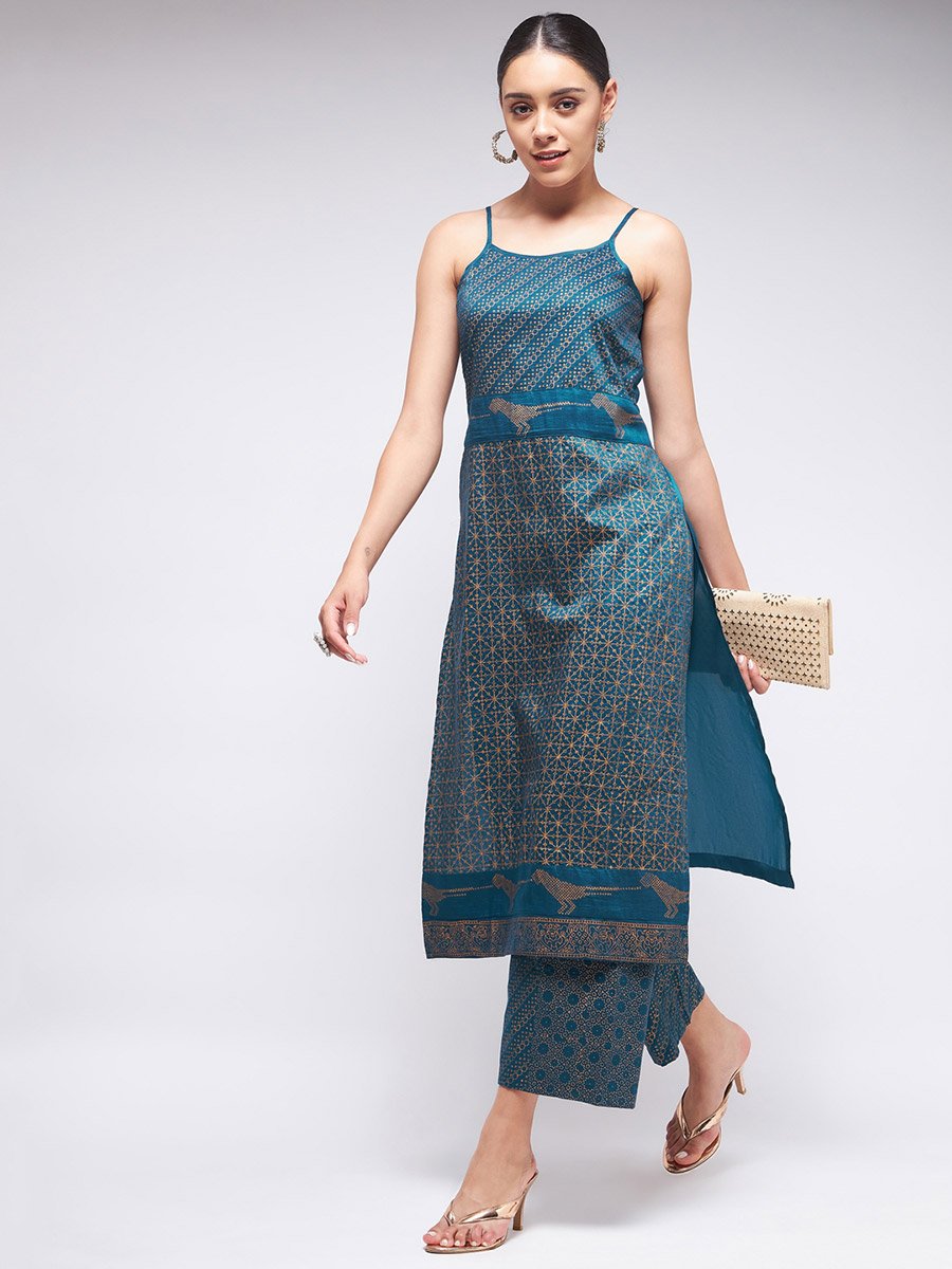 Blue Sleeveless Block Printed Kurta and Pants Set