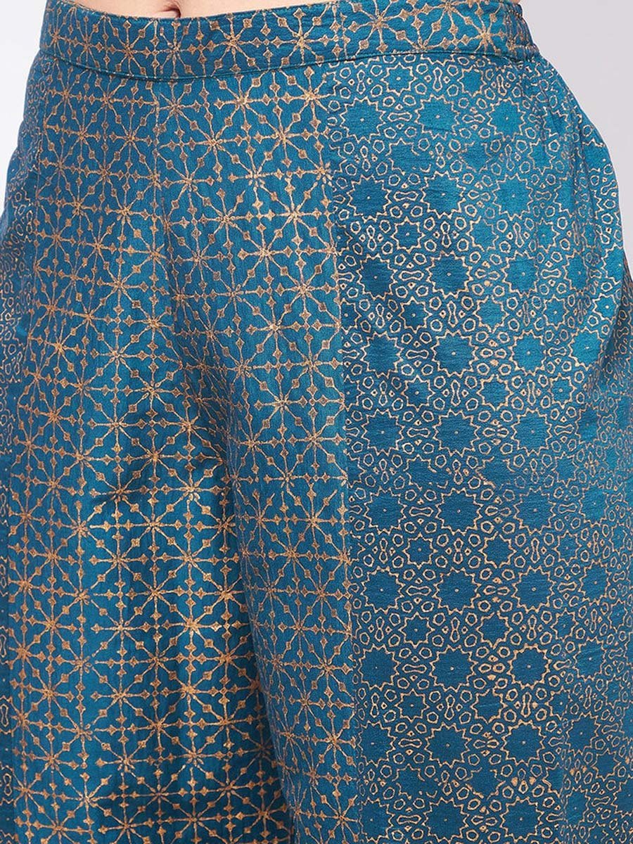 Blue Sleeveless Block Printed Kurta and Pants Set