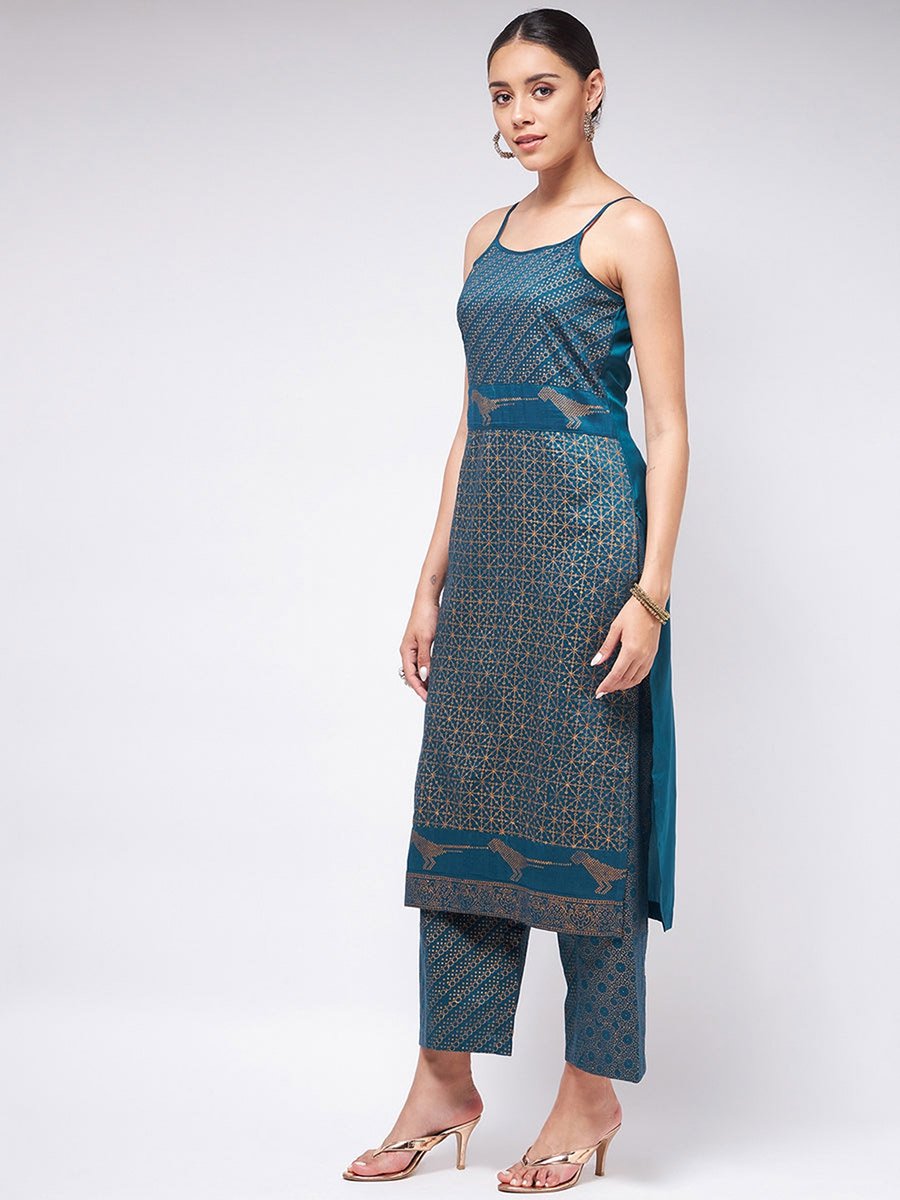 Blue Sleeveless Block Printed Kurta and Pants Set