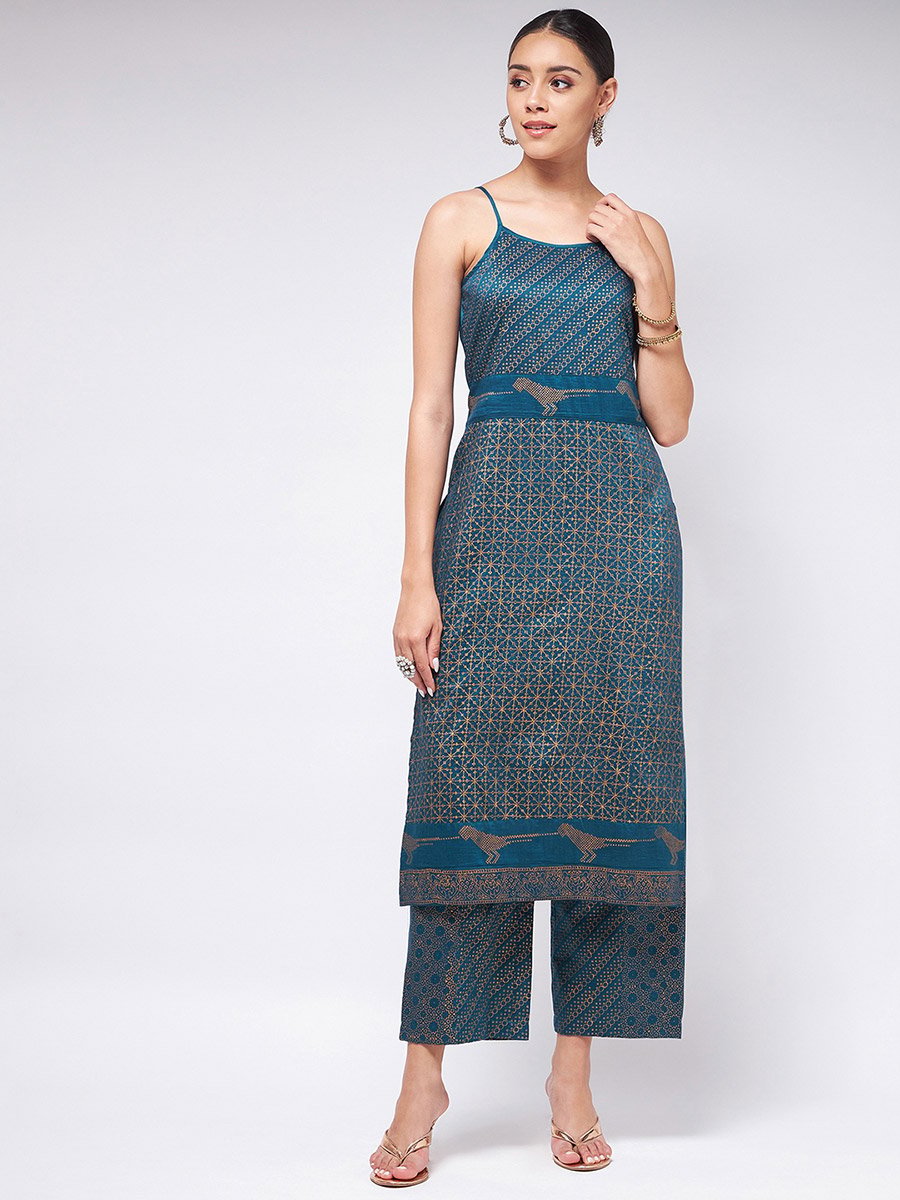 Blue Sleeveless Block Printed Kurta and Pants Set