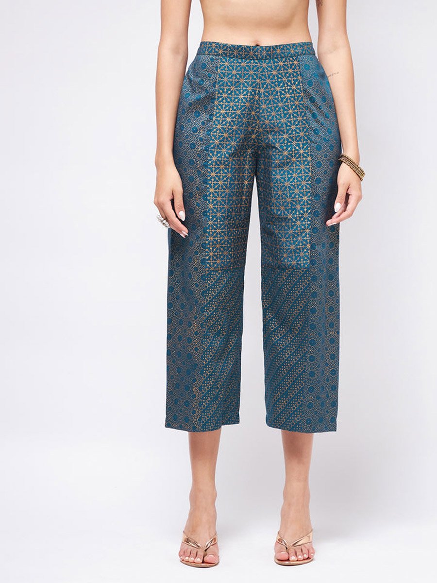 Blue Sleeveless Block Printed Kurta and Pants Set