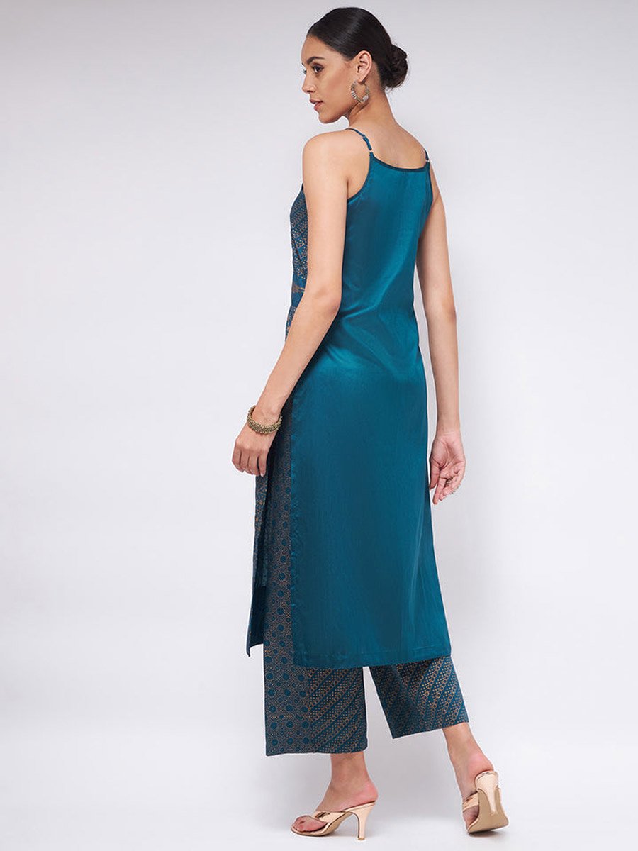Blue Sleeveless Block Printed Kurta and Pants Set