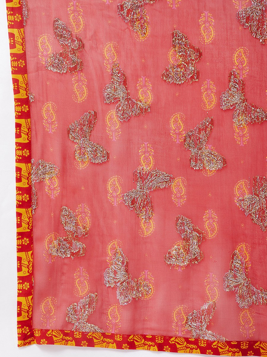 3-Piece Red Sindoor Solid Kurta, Lurex Embellished Dupatta And Sharara Set