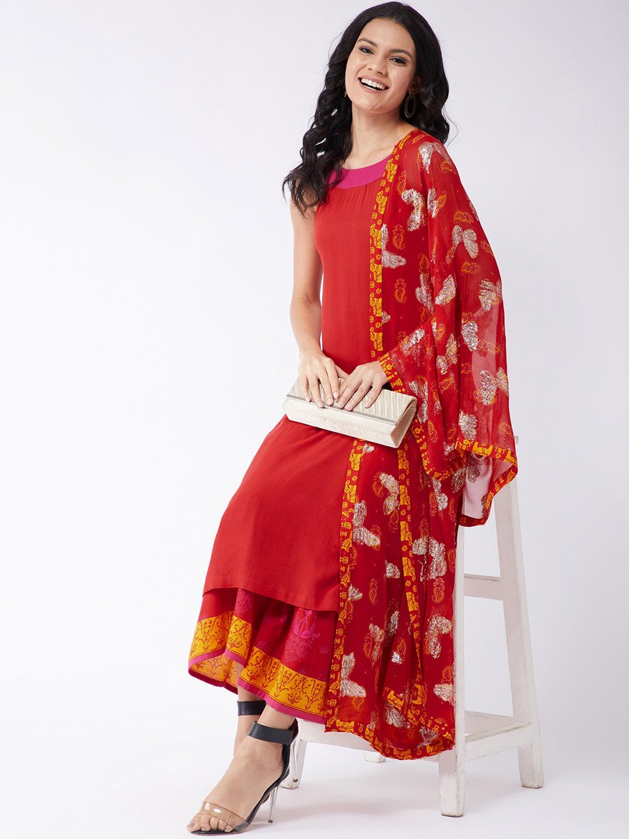 3-Piece Red Sindoor Solid Kurta, Lurex Embellished Dupatta And Sharara Set