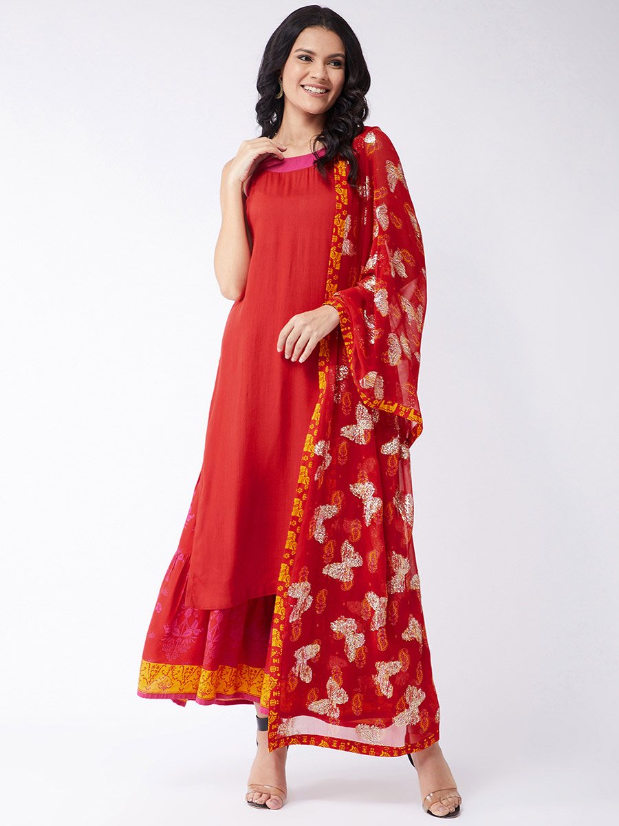 3-Piece Red Sindoor Solid Kurta, Lurex Embellished Dupatta And Sharara Set