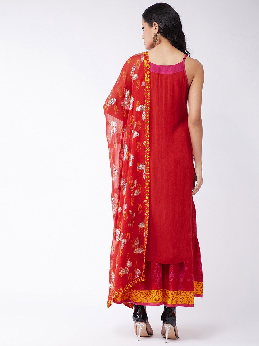 3-Piece Red Sindoor Solid Kurta, Lurex Embellished Dupatta And Sharara Set