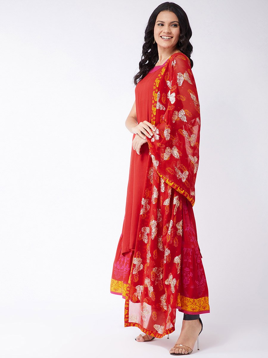 3-Piece Red Sindoor Solid Kurta, Lurex Embellished Dupatta And Sharara Set