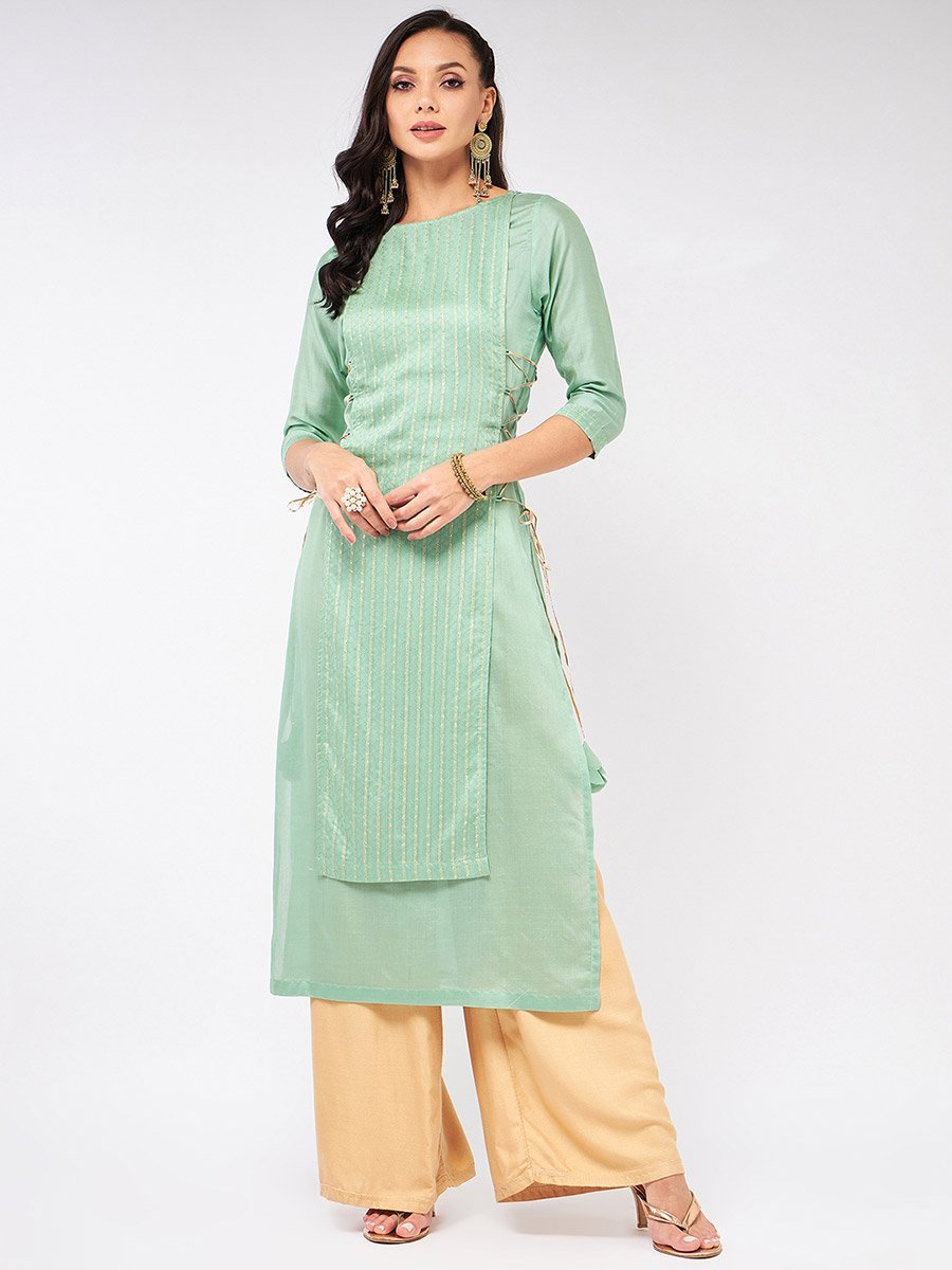 Green Self Design Festive Kurta and Side Dori Details