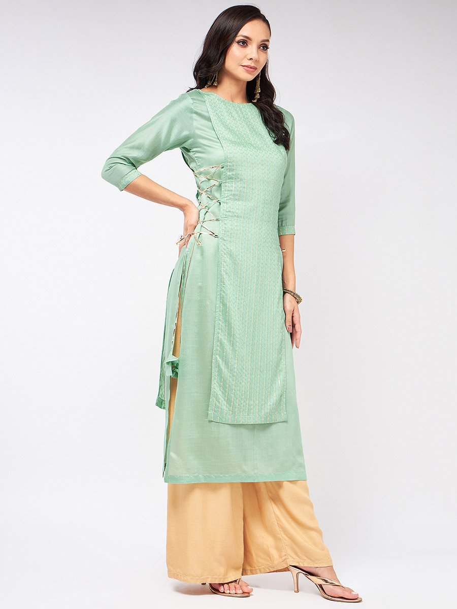 Green Self Design Festive Kurta and Side Dori Details