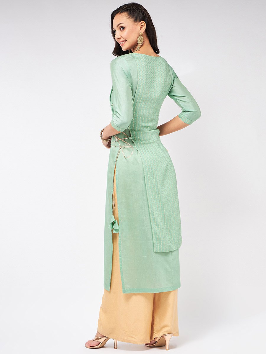 Green Self Design Festive Kurta and Side Dori Details