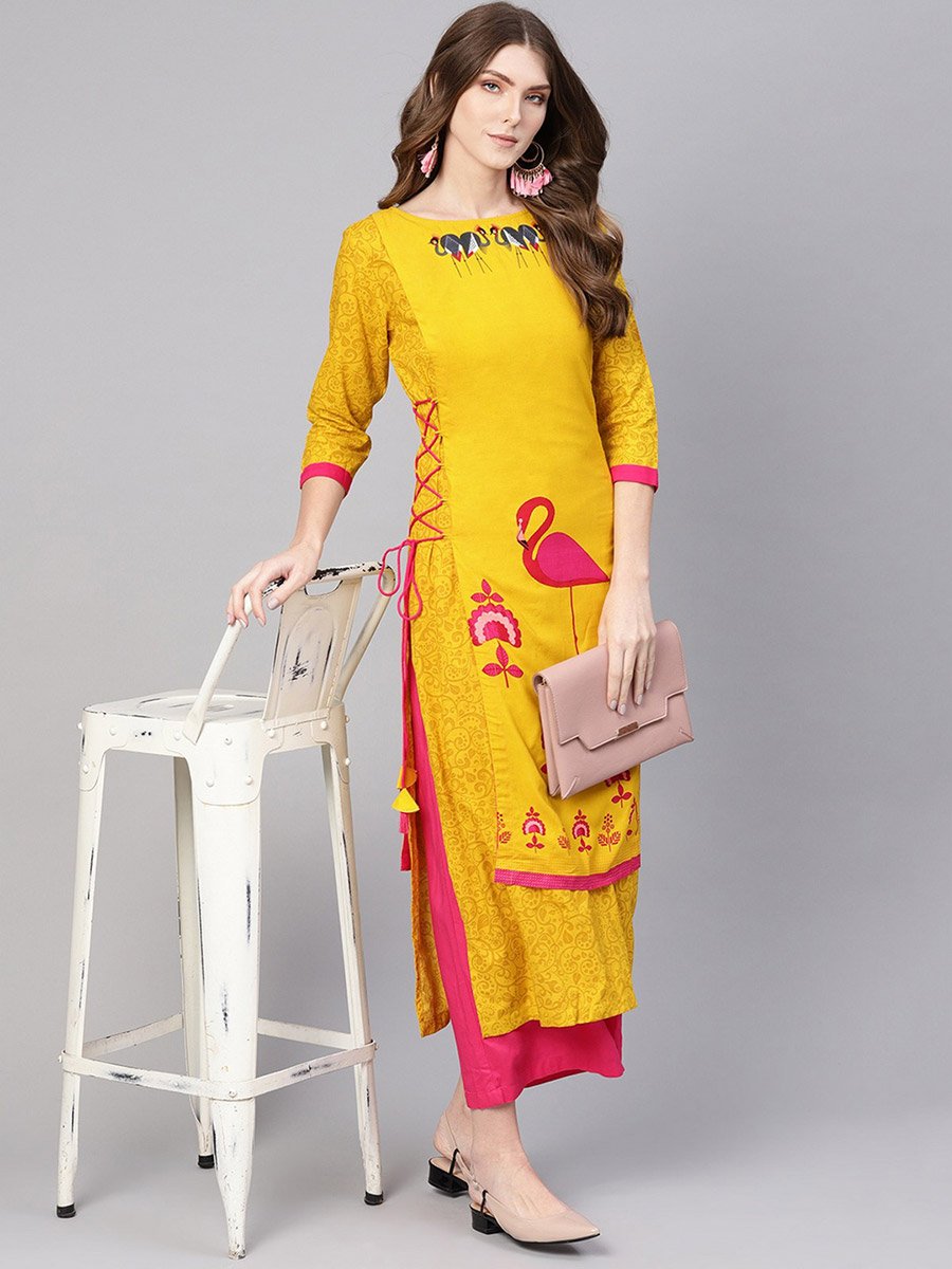 Yellow Double Layered Flamingo Printed Kurta