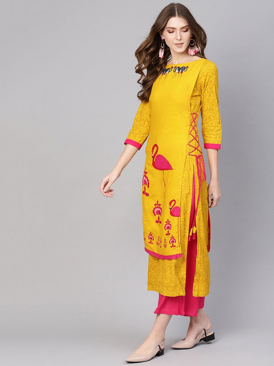 Yellow Double Layered Flamingo Printed Kurta