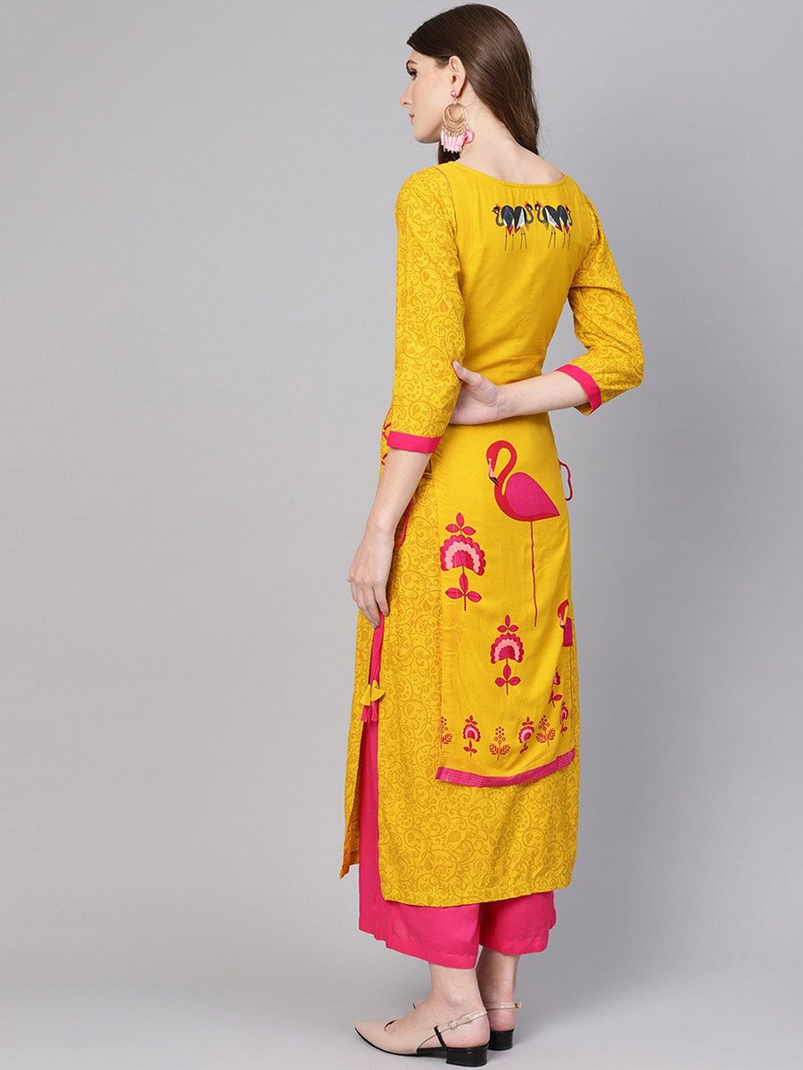 Yellow Double Layered Flamingo Printed Kurta