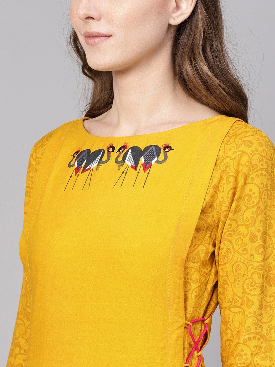 Yellow Double Layered Flamingo Printed Kurta