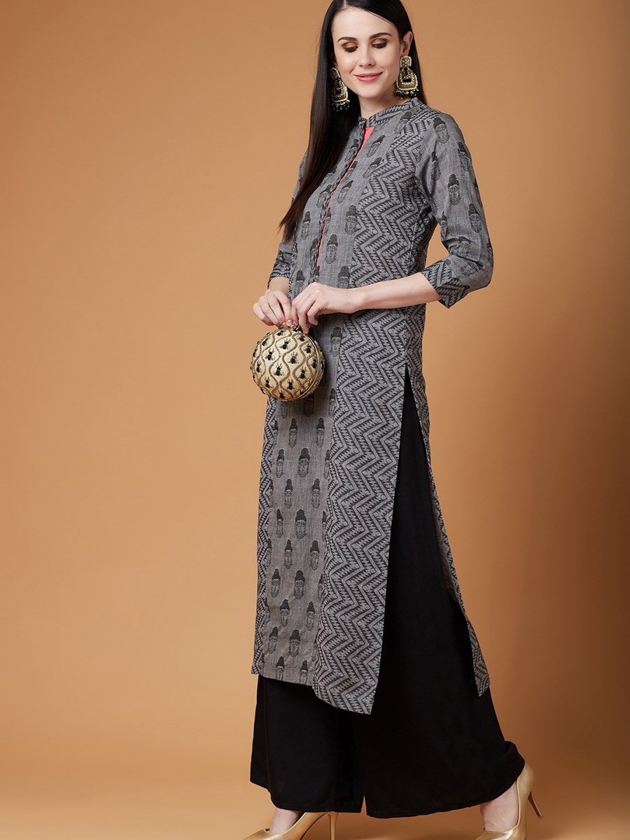 Grey Handloom Buddha Straight Kurta