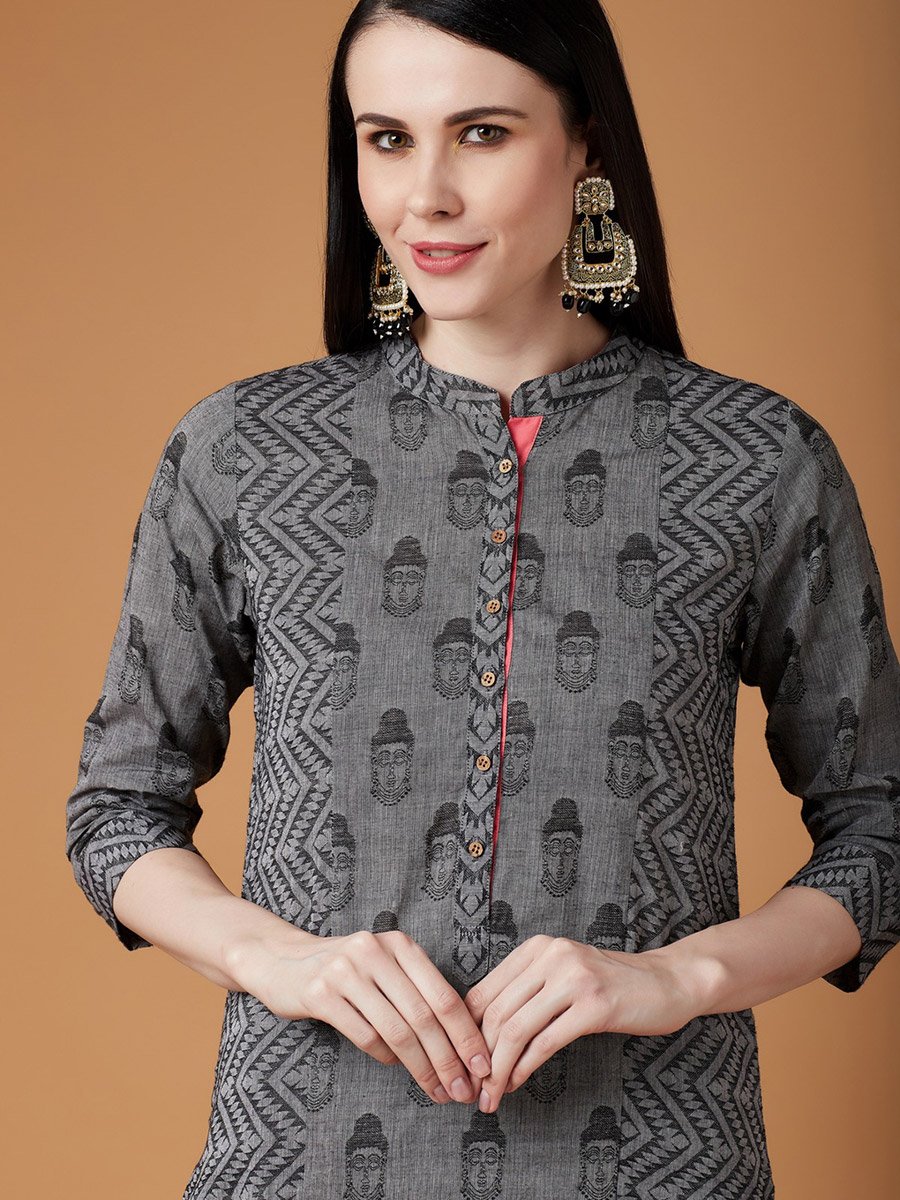 Grey Handloom Buddha Straight Kurta