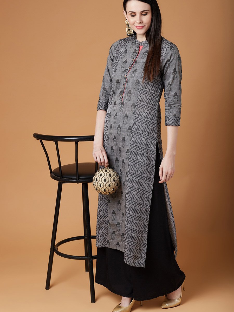 Grey Handloom Buddha Straight Kurta
