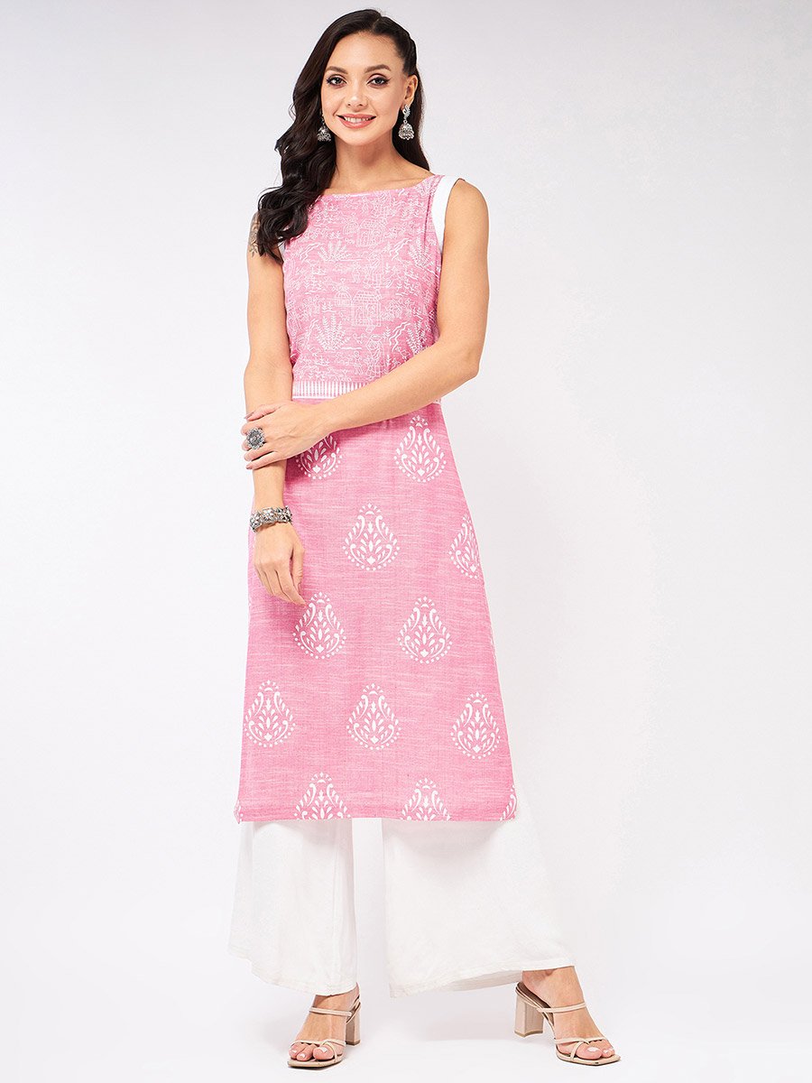 Pink Sleeveless Printed Chambray Kurta