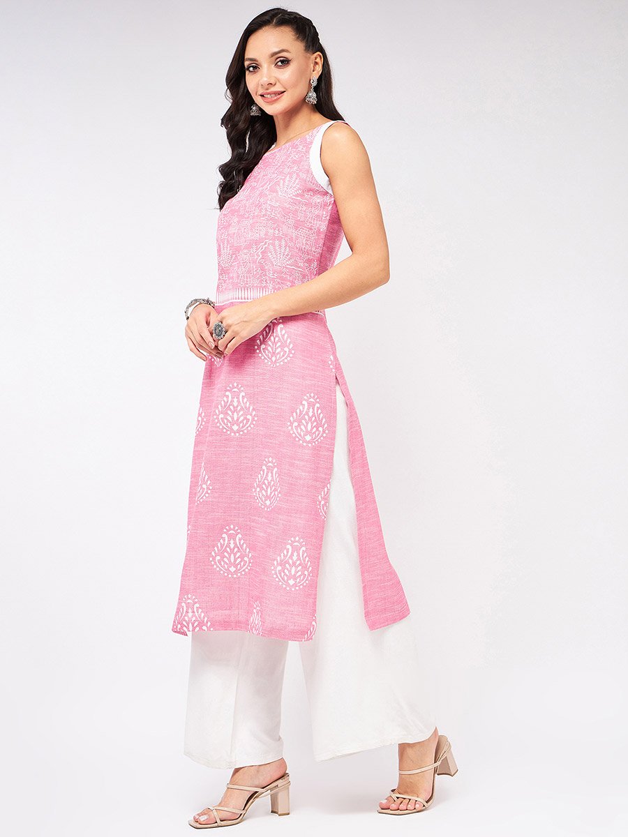Pink Sleeveless Printed Chambray Kurta