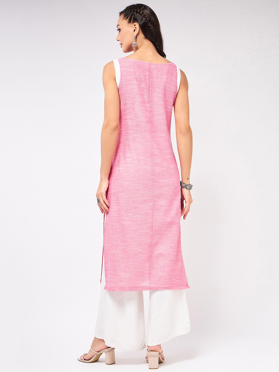 Pink Sleeveless Printed Chambray Kurta