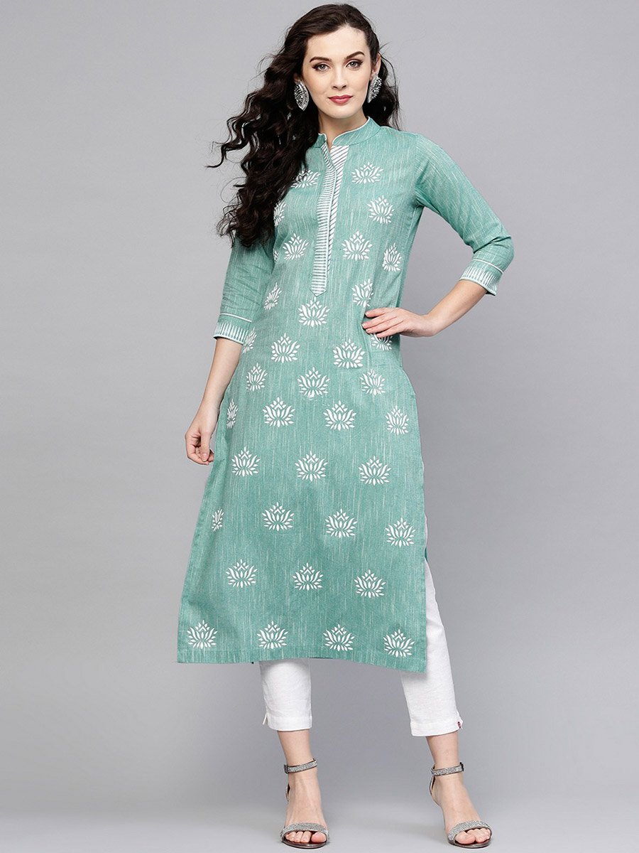 Green Lotus Printed Chambray Kurta