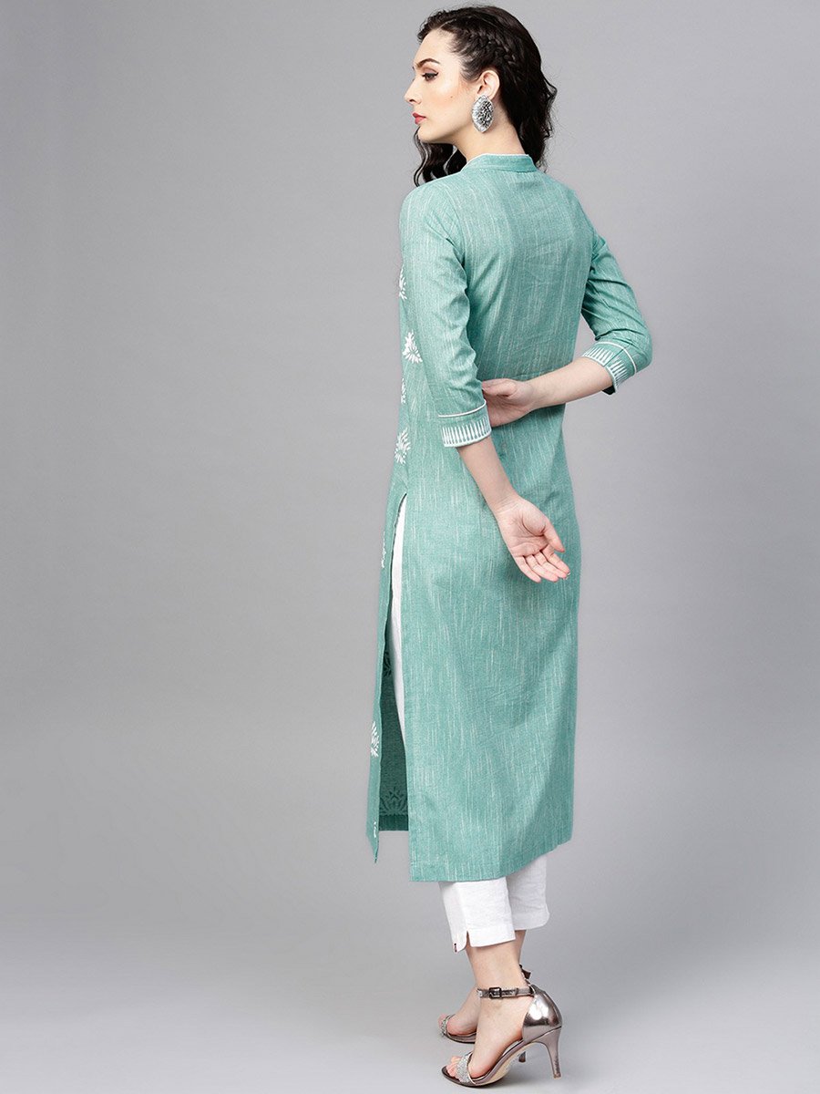 Green Lotus Printed Chambray Kurta