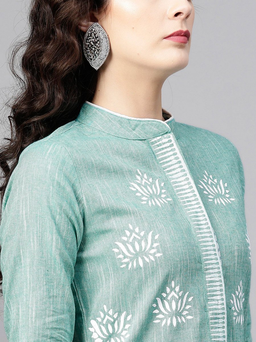 Green Lotus Printed Chambray Kurta