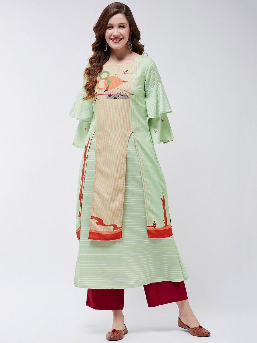 Green Double Layered Flamingo Printed Kurta