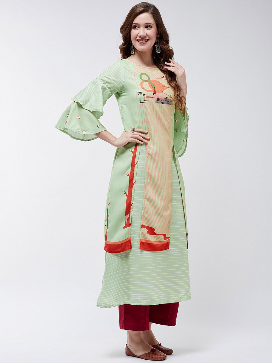 Green Double Layered Flamingo Printed Kurta