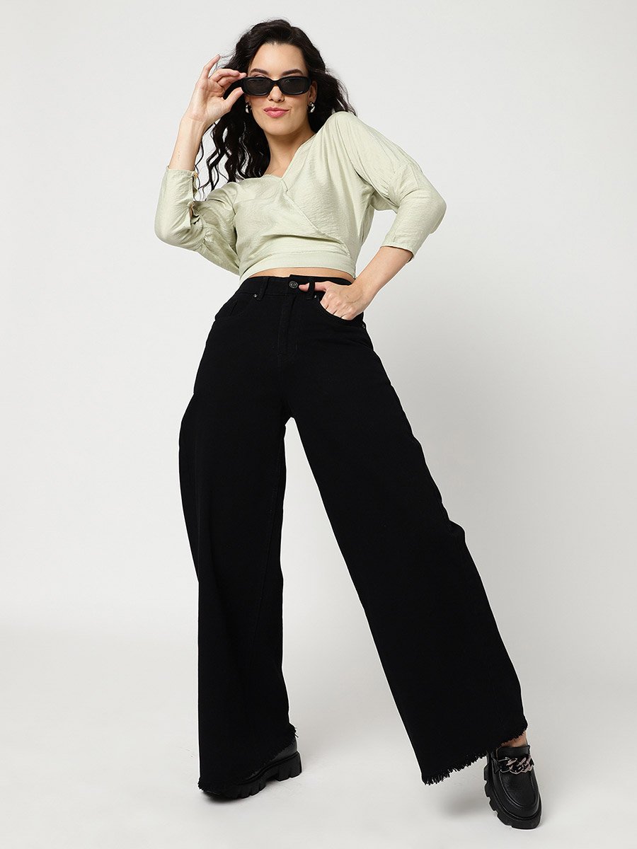 Green 3/4 Sleeve Wrap Front Crop Top