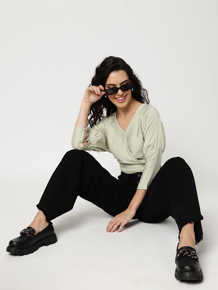 Green 3/4 Sleeve Wrap Front Crop Top