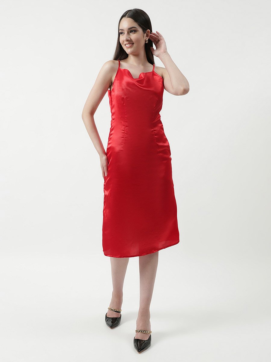 Red Cowl Neck Midi Dress