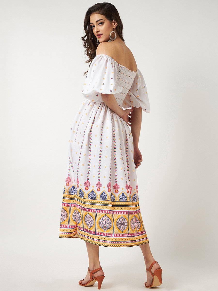 White Boho Printed Off Shoulder Midi Dress