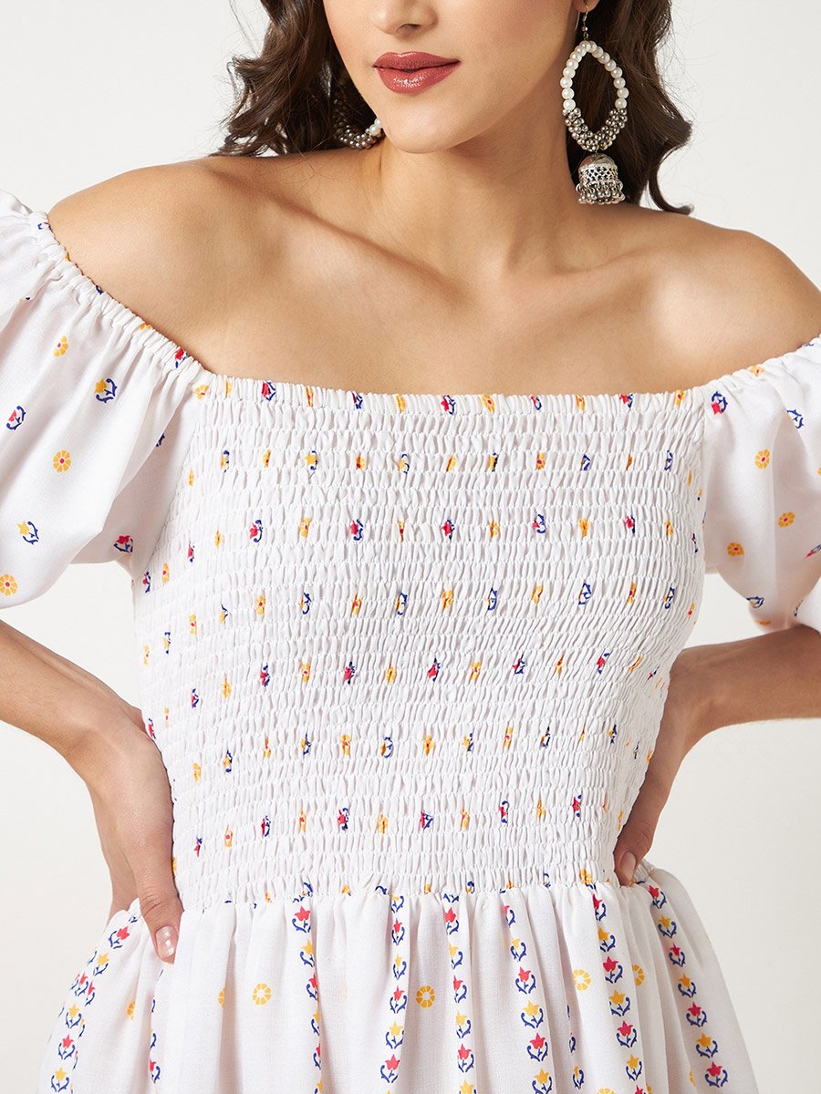 White Boho Printed Off Shoulder Midi Dress