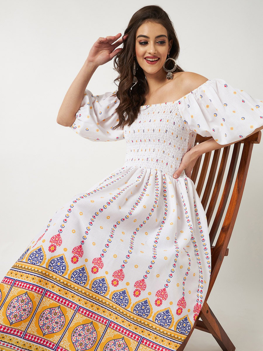 White Boho Printed Off Shoulder Midi Dress