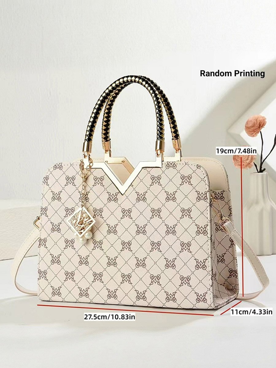 Printed Dual Handle Handbag with Drop Charm