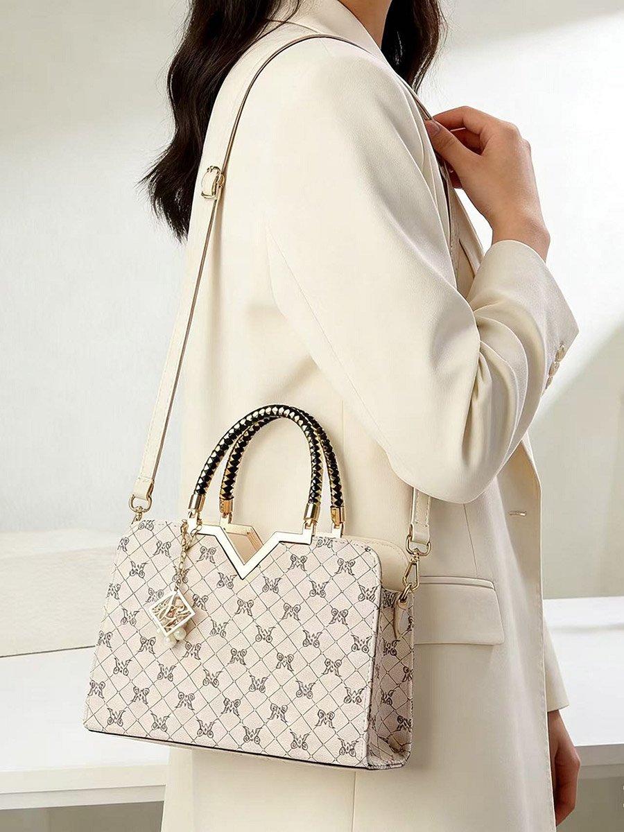 Printed Dual Handle Handbag with Drop Charm