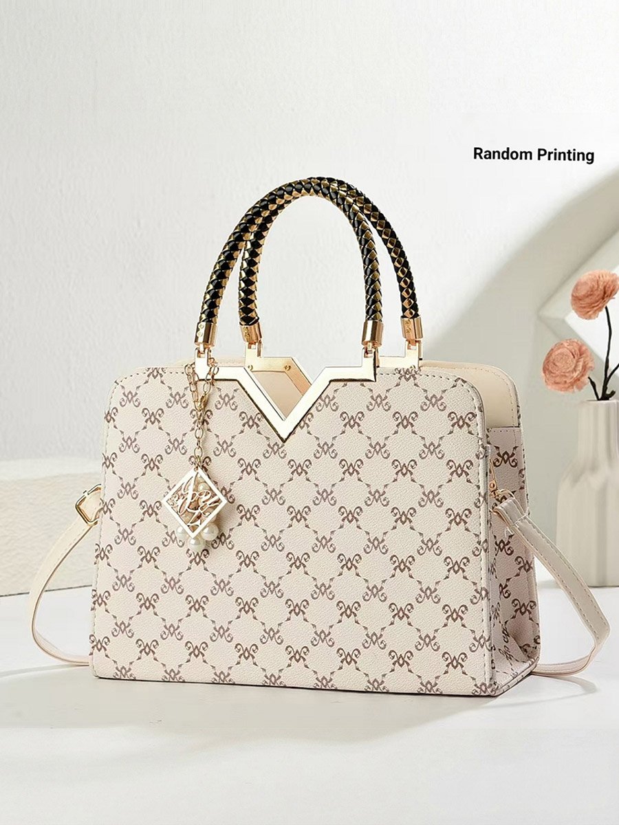 Printed Dual Handle Handbag with Drop Charm
