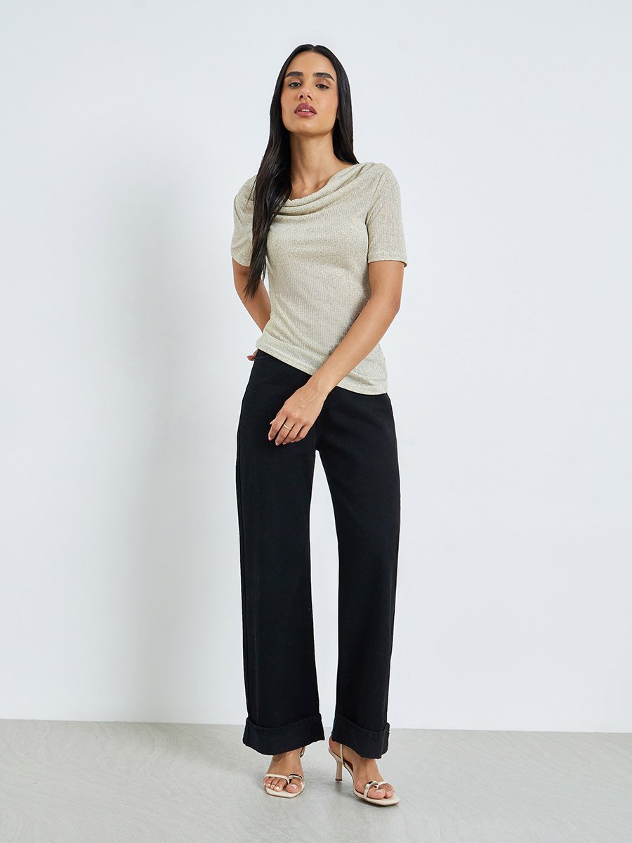 Green Textured Cowl Neck Linen Look T-Shirt