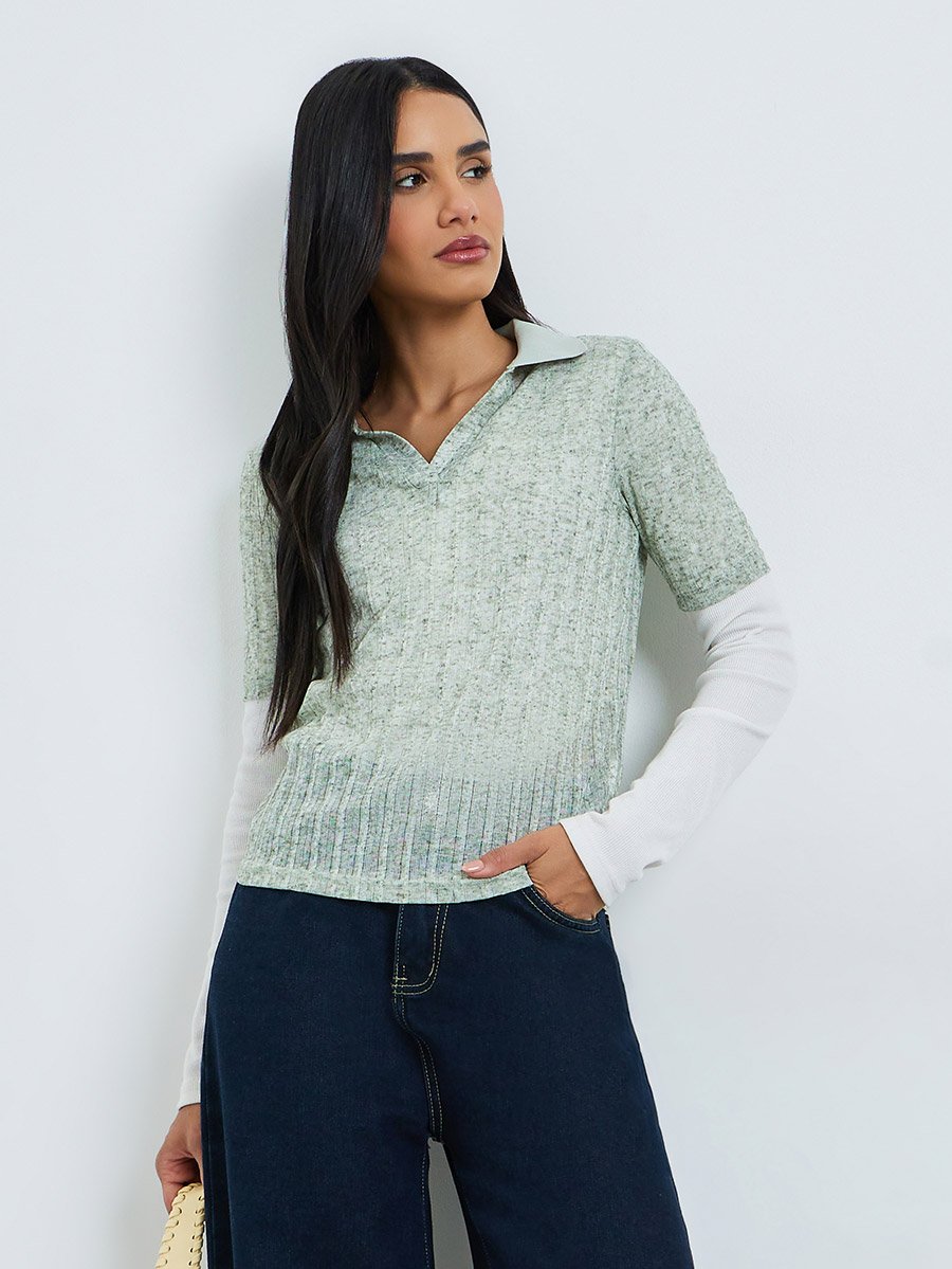Green Melange Short Sleeves Polo T-Shirt