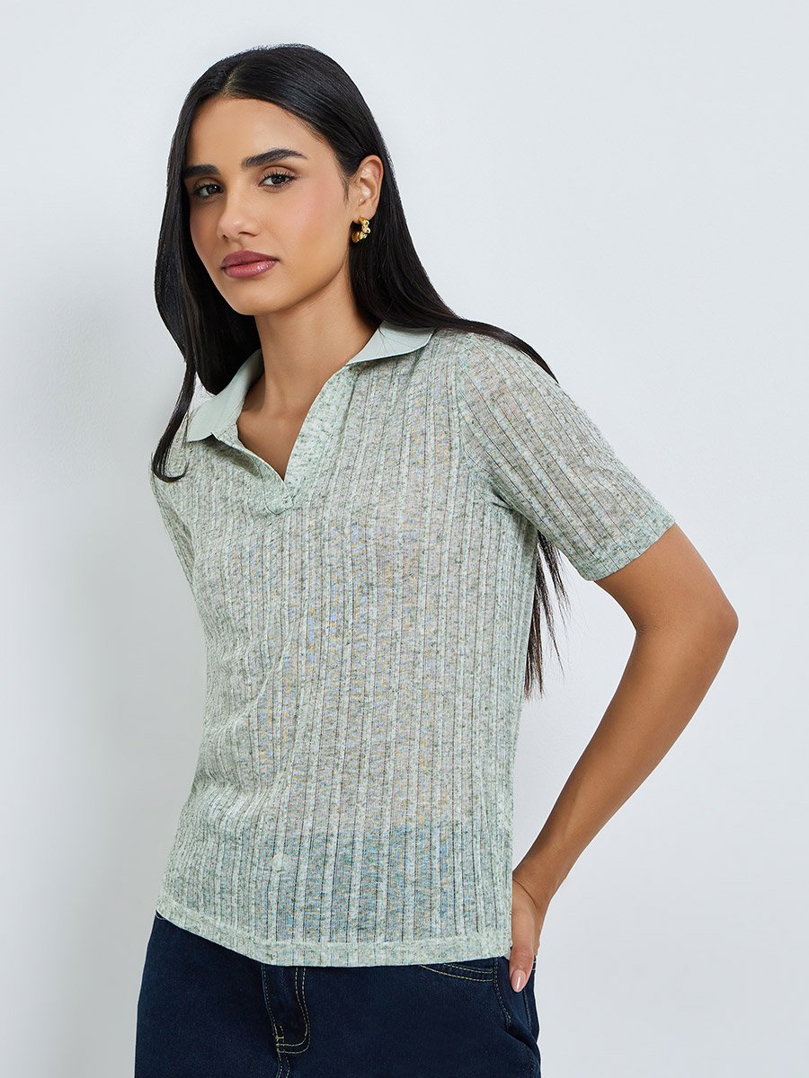 Green Melange Short Sleeves Polo T-Shirt