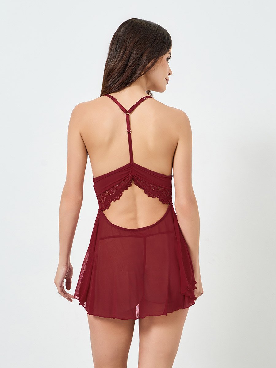 Red Lace Insert Mesh Babydoll with Brief