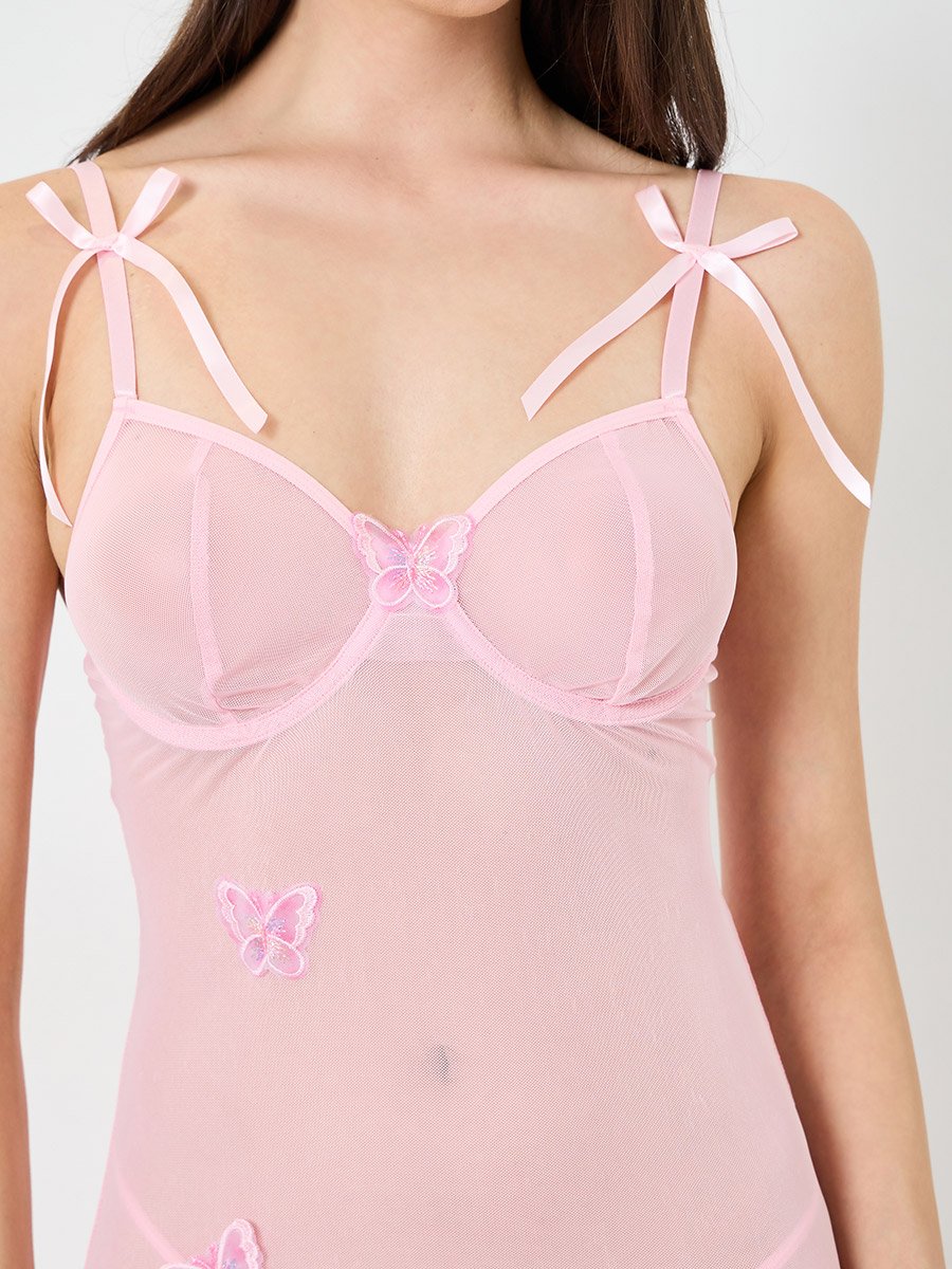 Pink Butterfly Patch Mesh Split Hem Babydoll with Brief