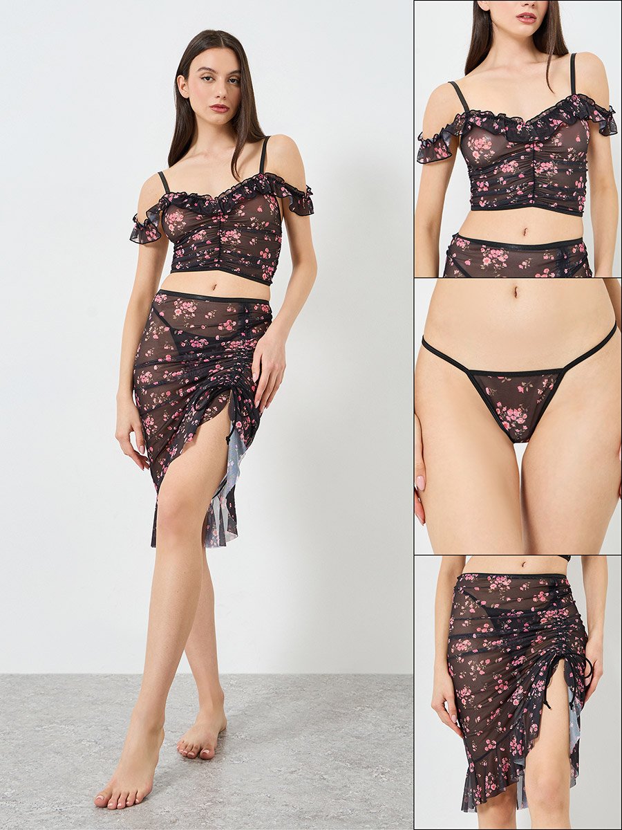 Floral Print Longline Top and Skirt with Thong Set