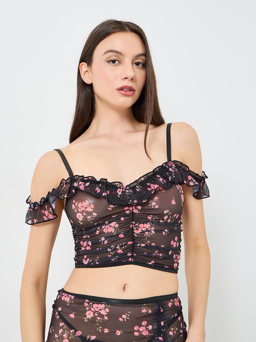 Floral Print Longline Top and Skirt with Thong Set