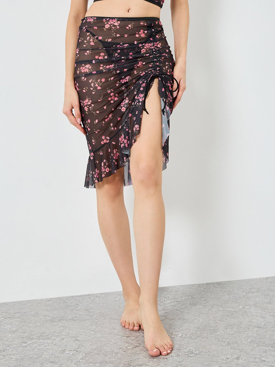 Floral Print Longline Top and Skirt with Thong Set