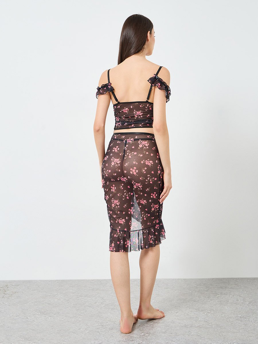 Floral Print Longline Top and Skirt with Thong Set