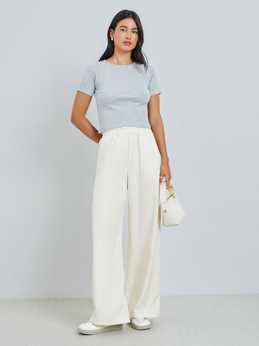 Cream Wide Leg Pants with Pocket